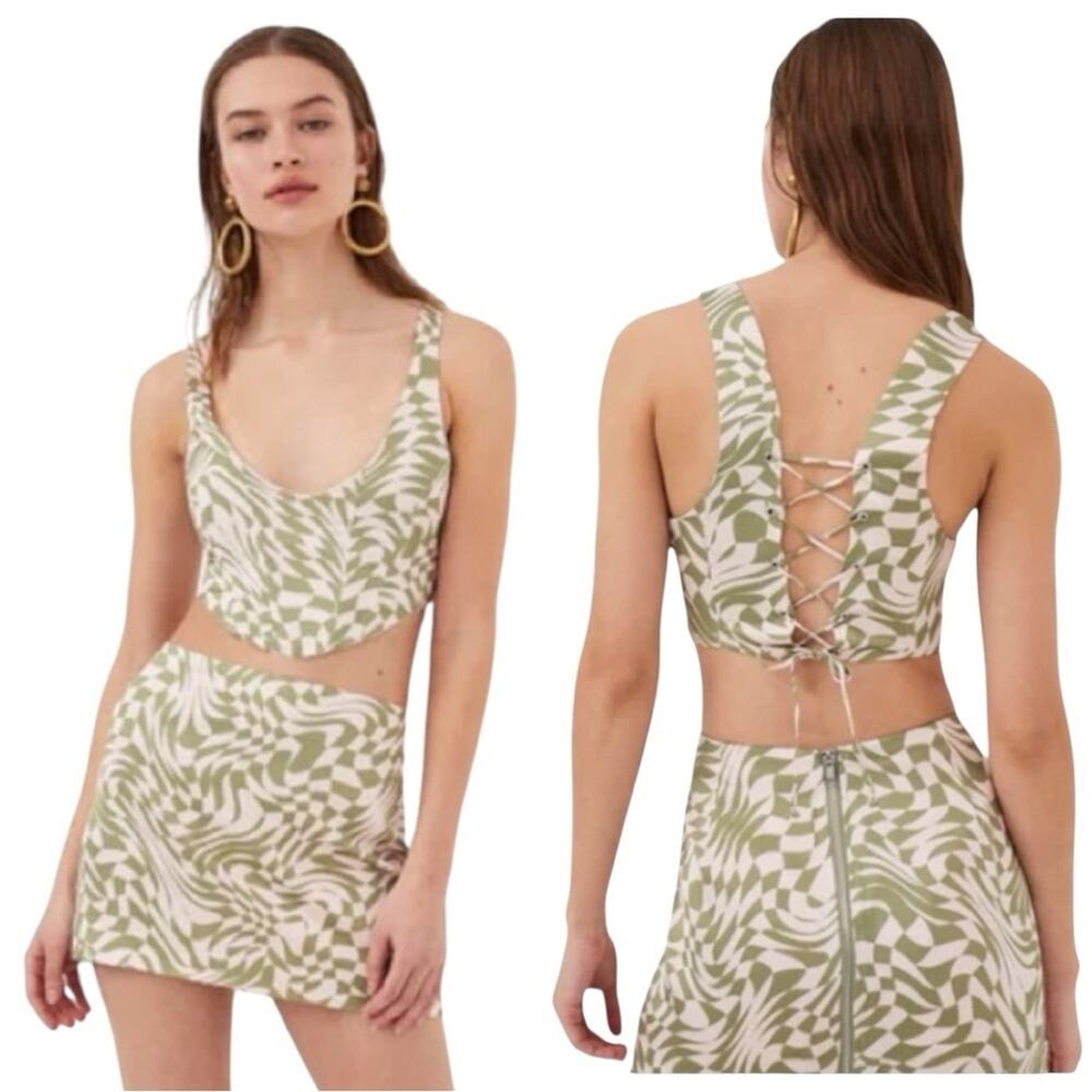 For Love & Lemons Nomi Corset Crop Size Medium Green Pink Geometric NWOT - Picture 3 of 10